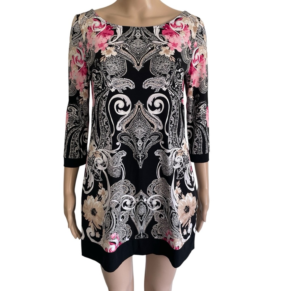White House Black Market Black White Pink Round Neck 3/4 Sleeve Tunic Blouse Top